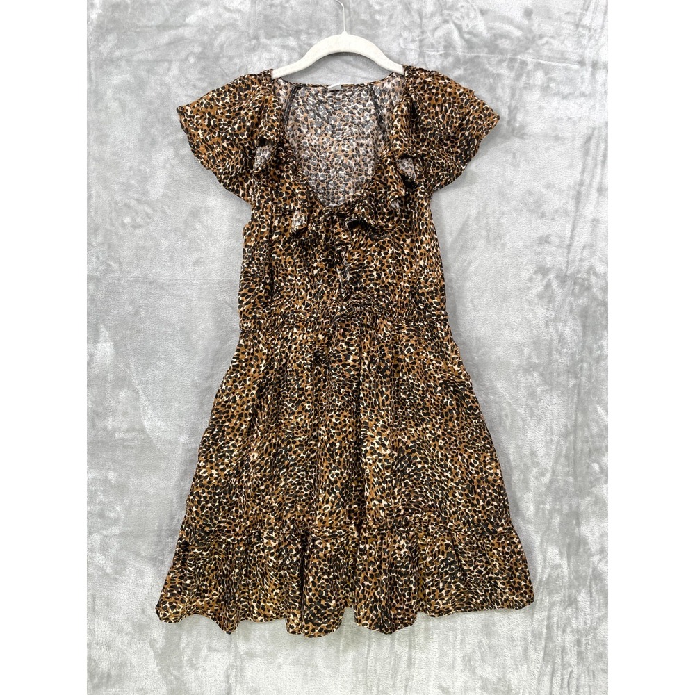 Old Navy Dress Size S Brown Rebel Leopard Ruffle Short‎ Sleeve Pockets Rayon